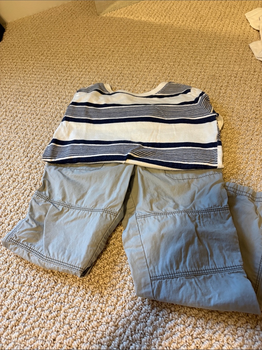 White and Navy Striped Top with Light Grey Pants Kids Matching Set 5T